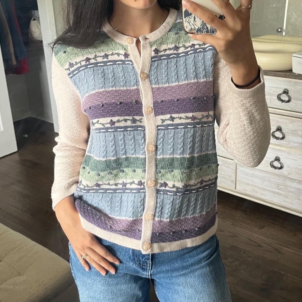 Alfred Dunner Petite Vintage Floral Cable Knit Cardigan Sweater Pastel PS